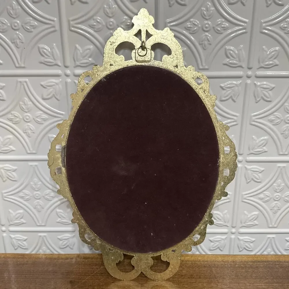 The Angelus By J F Millet Oval Metal Frame Convex Glass Farmer Praying Vtg